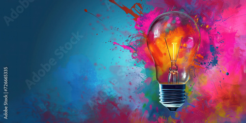 Creative light bulb explodes with colorful paint and colors. New idea, brainstorming, business, technology concept. 