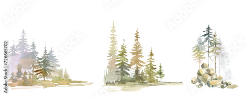 Mountain peak landscape watercolor vector clipart, trees in the mountains, cloud mountains, Watercolor forest landscape, Scenery illustration, pine tree, coniferous forest, spruce. 