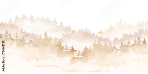 Mountain peak landscape watercolor vector clipart, trees in the mountains, cloud mountains, Watercolor forest landscape, Scenery illustration, pine tree, coniferous forest, spruce.  photo