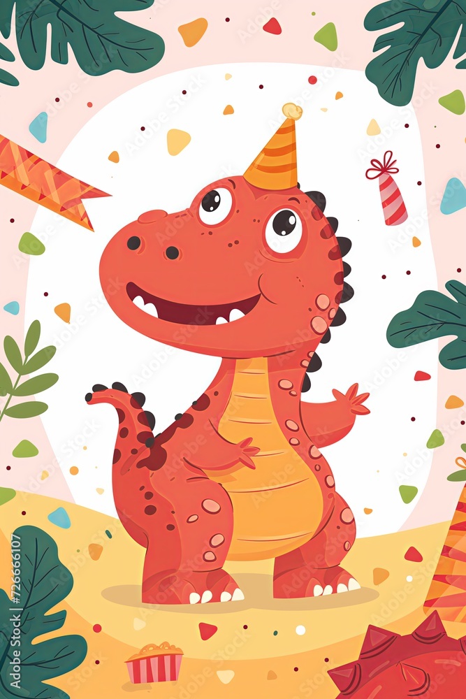 Fototapeta premium simple cute animal dinosaur in happy birthday party theme, design for kids