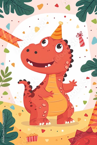 simple cute animal dinosaur  in happy birthday party theme  design for kids