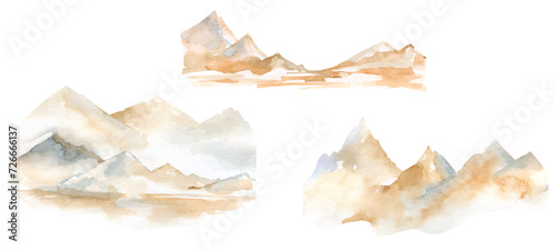 Mountain peak landscape watercolor vector clipart, trees in the mountains, cloud mountains, Watercolor forest landscape, Scenery illustration, pine tree, coniferous forest, spruce. 