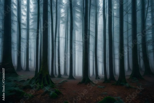 A repeating pattern of tree trunks in a misty forest  creating a sense of depth and mystery in the atmospheric woodland scene