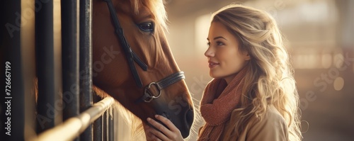 young lady petting a brown horse in an exercise pen