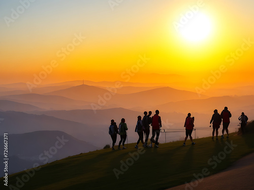 Tourists go up the hill in the sunrise Generative Ai © Kamrul