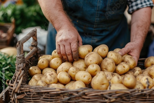 The hands of a farmer harvesting potatoes. Generative Ai.