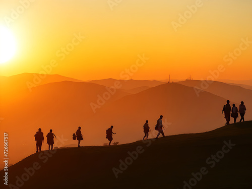 Tourists go up the hill in the sunrise Generative Ai