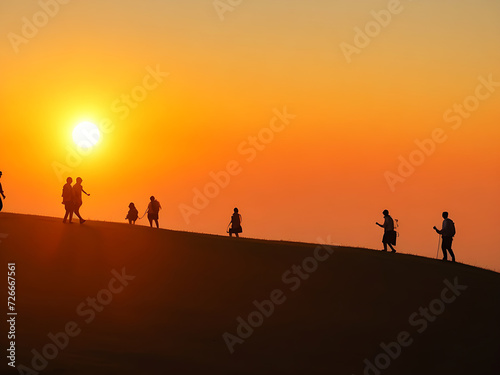 Tourists go up the hill in the sunrise Generative Ai