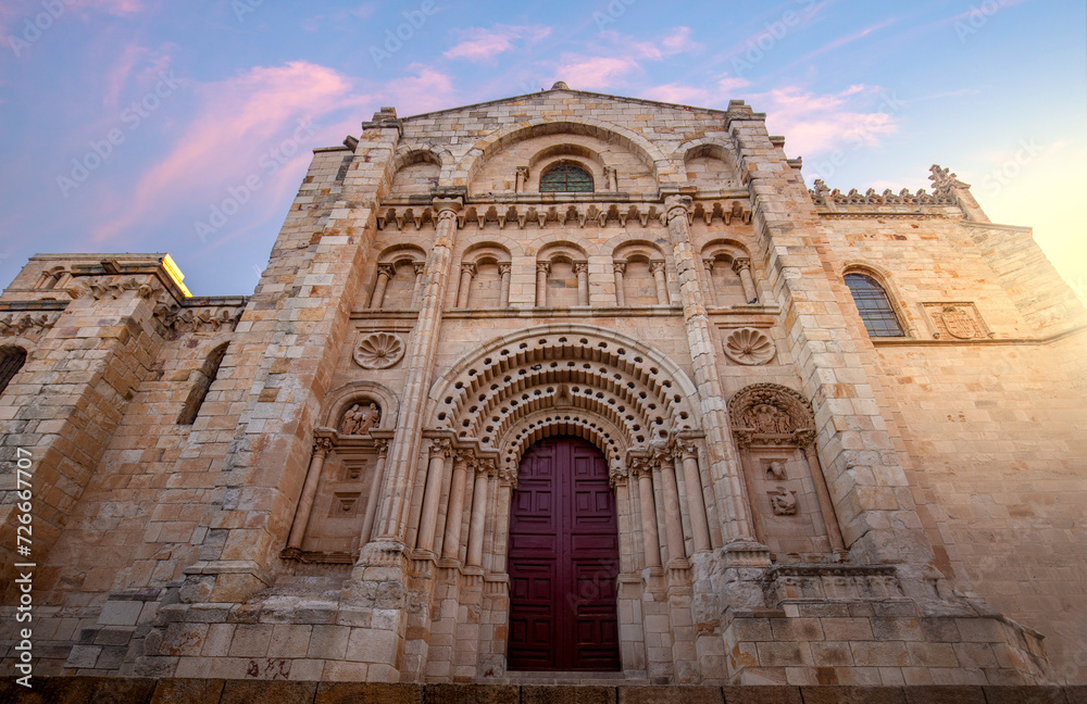 Romanesque facade of the cathedral in Zamora, Castilla y Leon, Spain, with early morning light