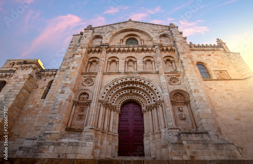 Romanesque facade of the cathedral in Zamora, Castilla y Leon, Spain, with early morning light