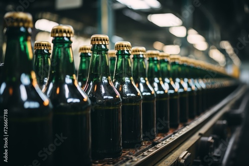 Brown beer bottles on an assembly line in a factory