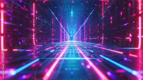 Perspective view of a vibrant cyberpunk tunnel with neon lighting.