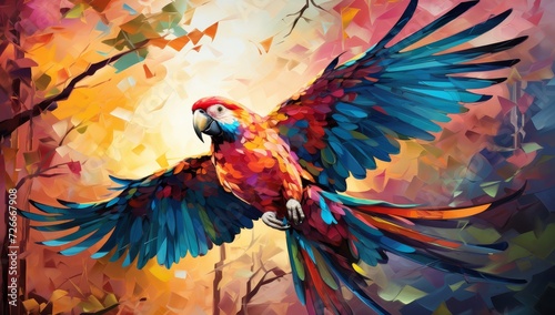Colorful parrot is flying across the forest