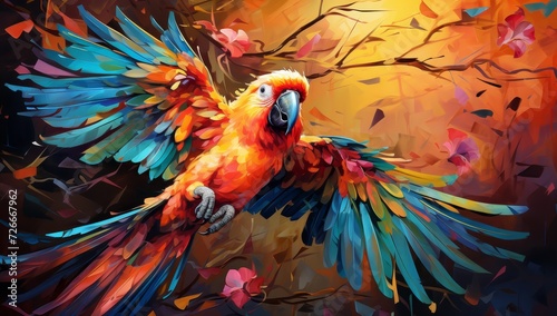 Colorful parrot is flying across the forest