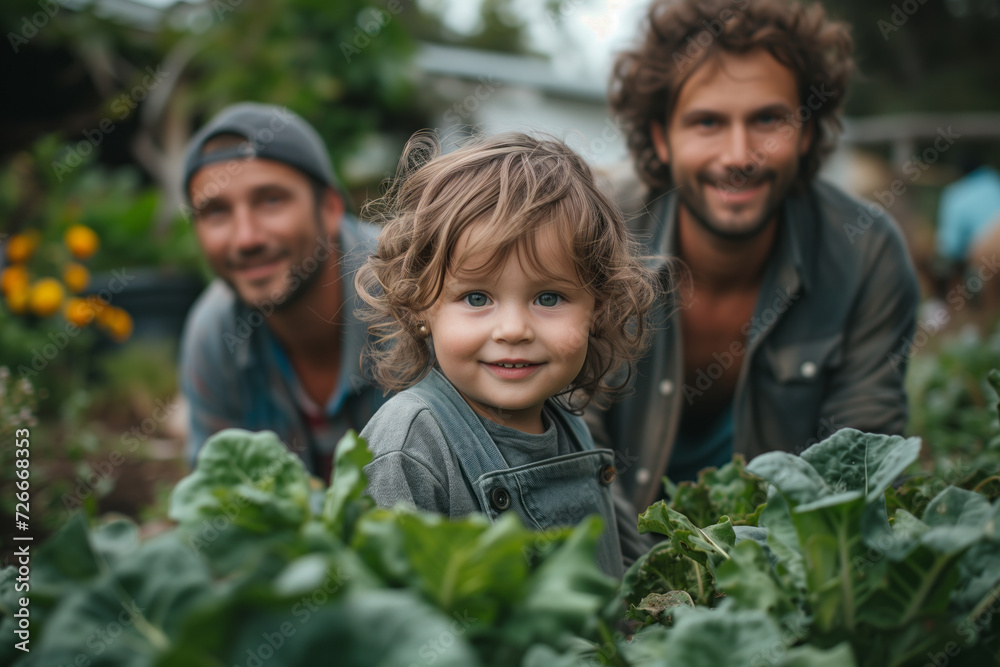 Child with her two LGBT fathers in the midst of their lush backyard garden, gathering vegetables, symbolizing a commitment to sustainability and the nurturing environment of diverse families Child with her two LGBT fathers in the midst of their lush backyard garden, gathering vegetables, symbolizing a commitment to sustainability and the nurturing environment of diverse families