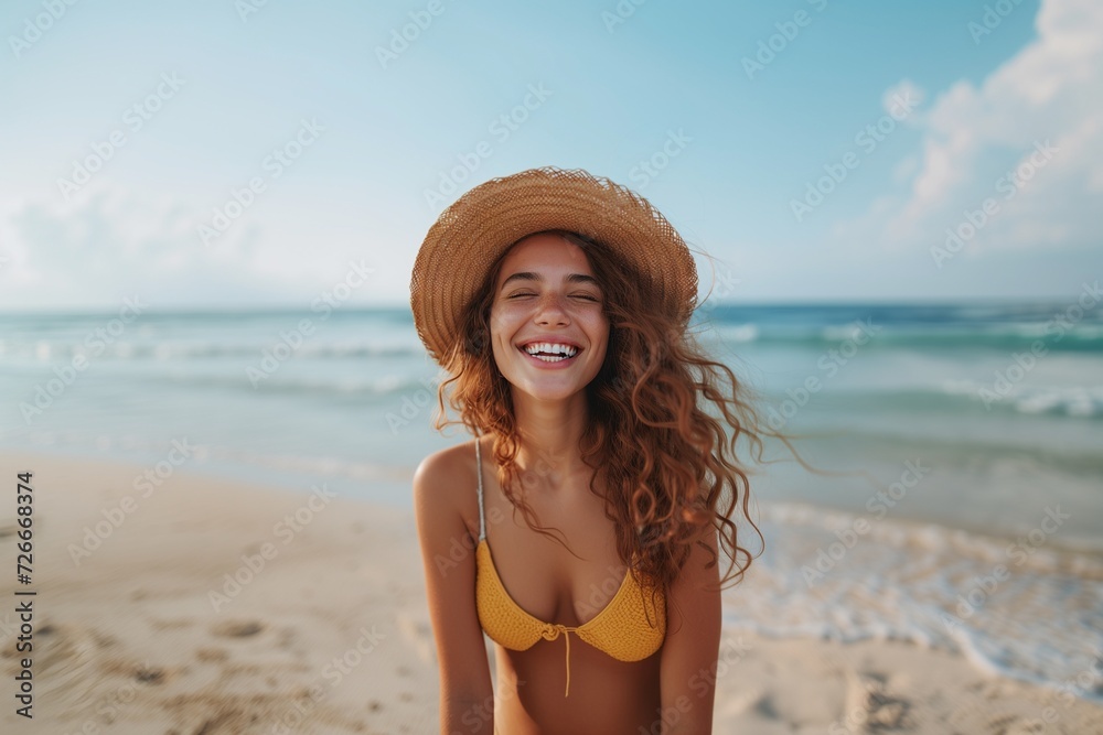 Portrait of beautiful woman wearing straw hat at beach and looking at camera. Closeup face of attractive smiling girl with freckles and red hair.