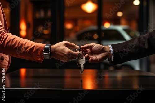 two people hand over keys to a car,