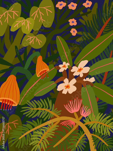 Tropical Forest, Illustration With Tropical Flowers And Plants