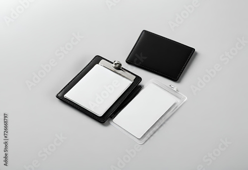 Sleek and Simple: Blank ID Card Holder with Red Neck Strap Isolated on a Glossy White Desk – A Clean and Professional Accessory Presentation