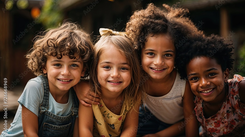 In a vibrant park, a diverse quartet of kids captures a joyful moment, celebrating unity and cultural diversity under the warm glow of the setting sun.