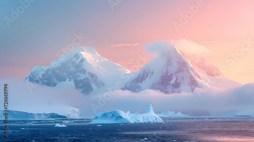 Icebergs With Beautiful Pink Sunset