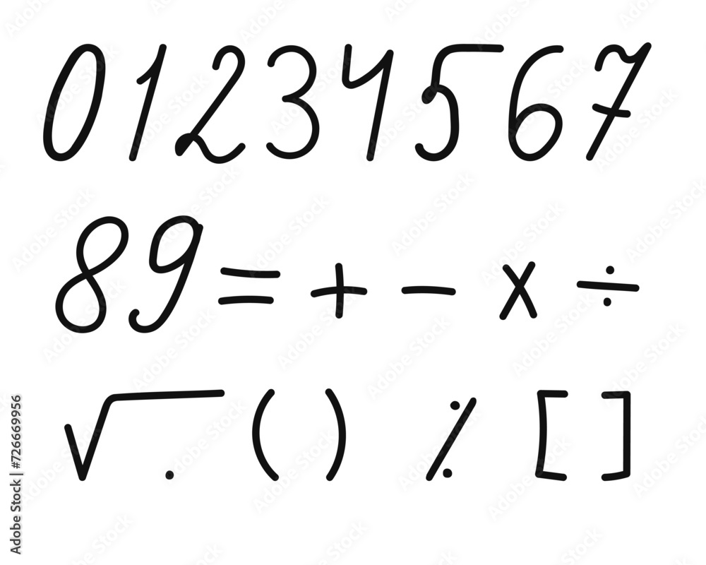 Numbers and mathematical signs hand-drawn on a white background Numbers and mathematical signs hand-drawn on a white background
