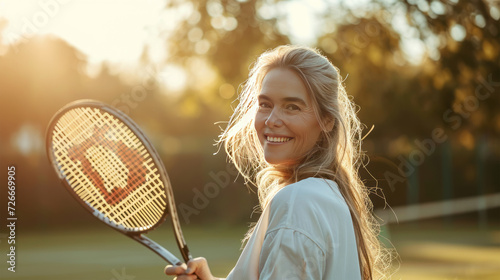 A 50-60 year old woman is standing on a tennis court. Woman holding a tennis racket in his hands.