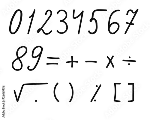 Numbers and mathematical signs hand-drawn on a white background