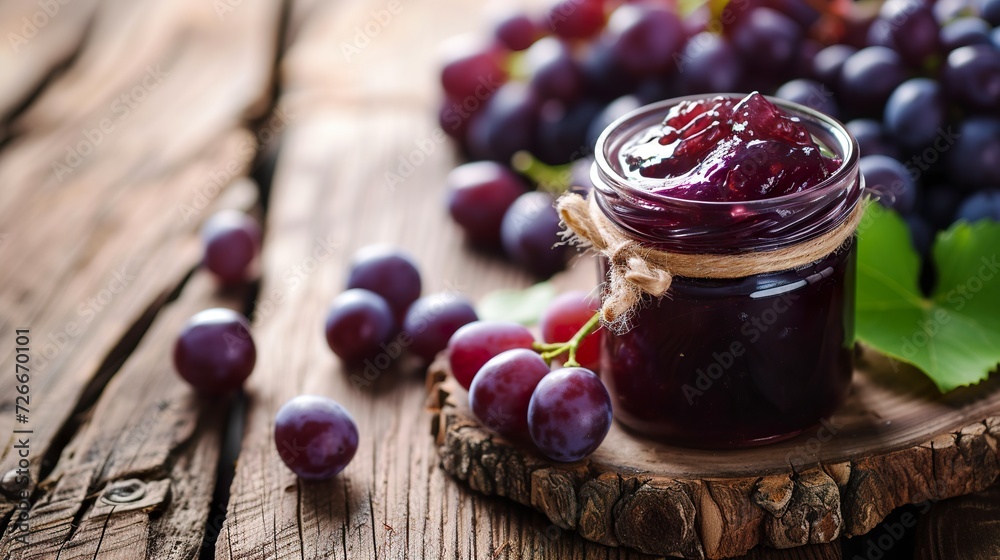 A glass jar displays the juicy grape jelly in vibrant hues and ...