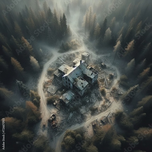 An abandoned base in the wilderness in the middle of the woods in a post-apocalyptic era photo