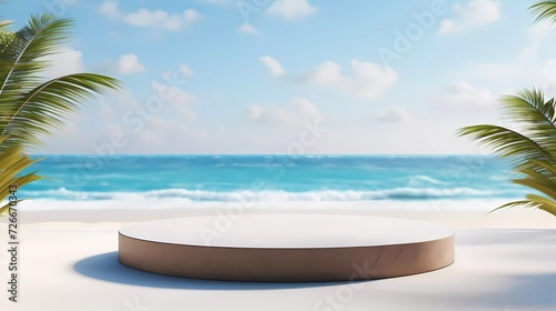 3D background. Marble podium on tropical sand with blurred tropical sea background. generative ai