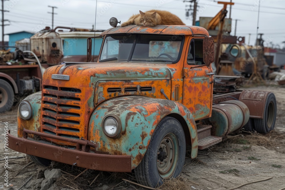 Old rusty truck at a scrap metal dump, a red cat sleeps on its roof