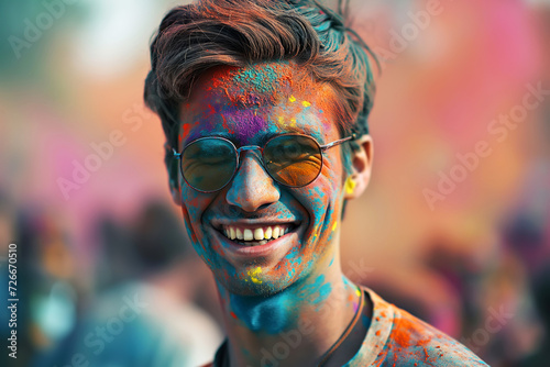 Joyful man with colorful powder on his face wearing sunglasses at vibrant Holi festival