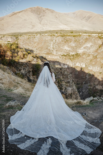 Obraz na płótnie Back view of bride standing in front of the mountain near the canyon w salonie