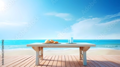3D background. Wooden table over blurred blue sea and white sand beach background. generative ai