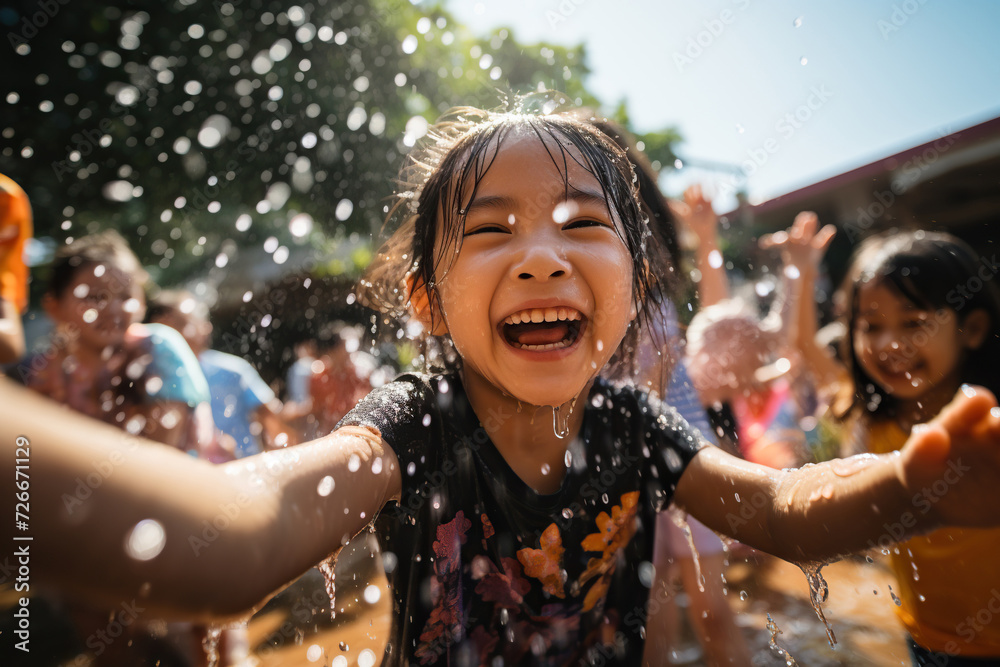 Cute Asian girl having fun in splashing water outdoors. Songkran. Generated by artificial intelligence Cute Asian girl having fun in splashing water outdoors. Songkran. Generated by artificial intelligence