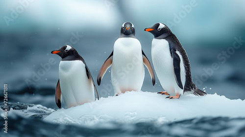 Three penguins floating on the ocean waters on a iceberg melting slowly into the sea