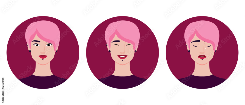 Set of avatars of beautiful informal young woman with pink hair and piercing. Smiling, crying and laughing girl. Vector illustration Set of avatars of beautiful informal young woman with pink hair and piercing. Smiling, crying and laughing girl. Vector illustration