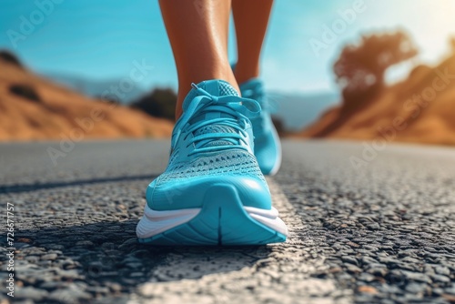 Running shoes for women on a concrete pathway. Generative Ai.