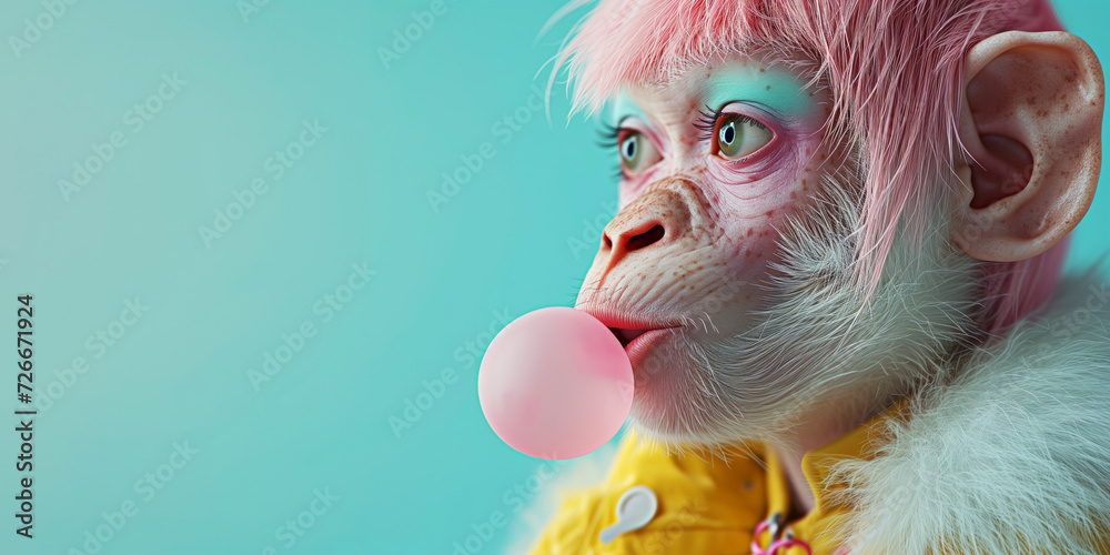 Surreal chimpanzee monkey anthropomorphic animal with pink hair blowing ...