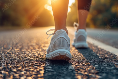 Running shoes for women on a concrete pathway. Generative Ai.