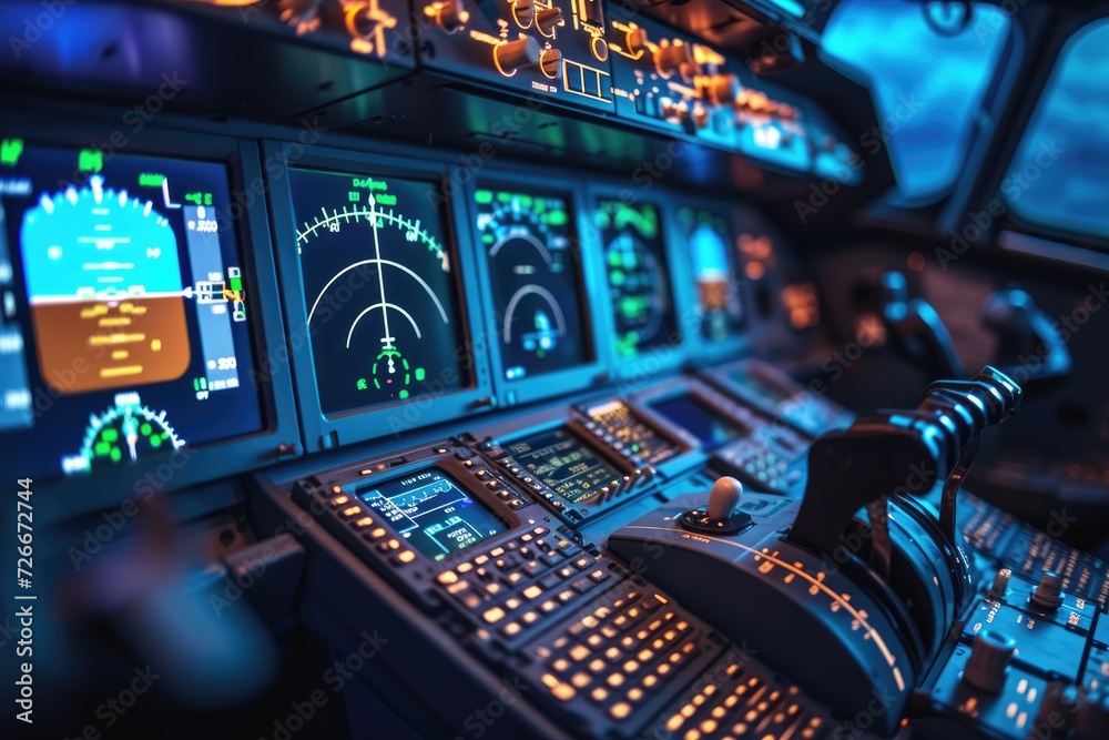 The pilot's deck and controls of an airline. Generative Ai. - obrazy, fototapety, plakaty 