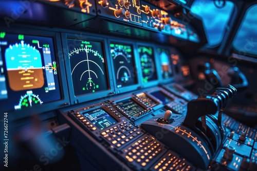 The pilot's deck and controls of an airline. Generative Ai. photo