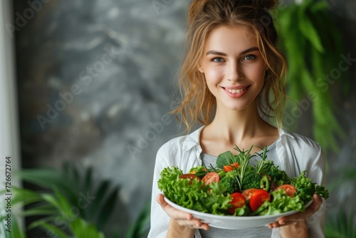 Young lady with a dish of nutritious salad in her hand. Generative Ai.