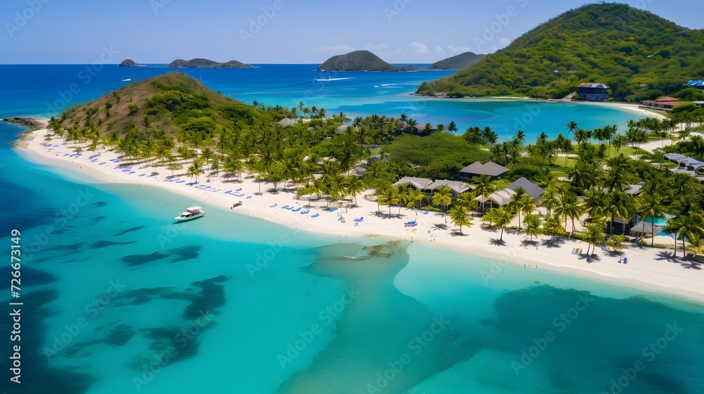 Aerial view of beautiful tropical beach on the island of St Thomas.