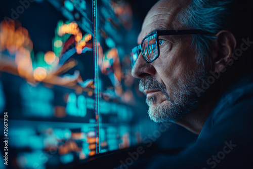 a businessman seriously looking to financial data monitor