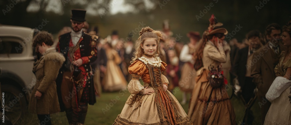 AI-generated illustration of a young girl in a golden-toned dress, 18th-century European nobility