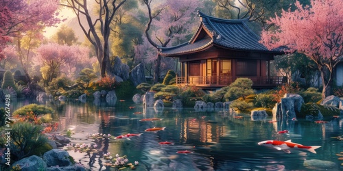The warm sunset glow reflects on the tranquil waters of a koi pond by a traditional Japanese pavilion, surrounded by the soft pink hues of cherry blossoms. Resplendent. photo