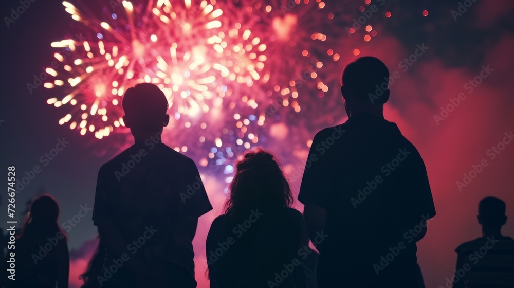 Vibrant and patriotic fireworks lighting up the night sky, celebrating people silhouettes.