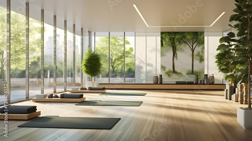 3d rendering of a modern yoga studio with large windows and wooden floor